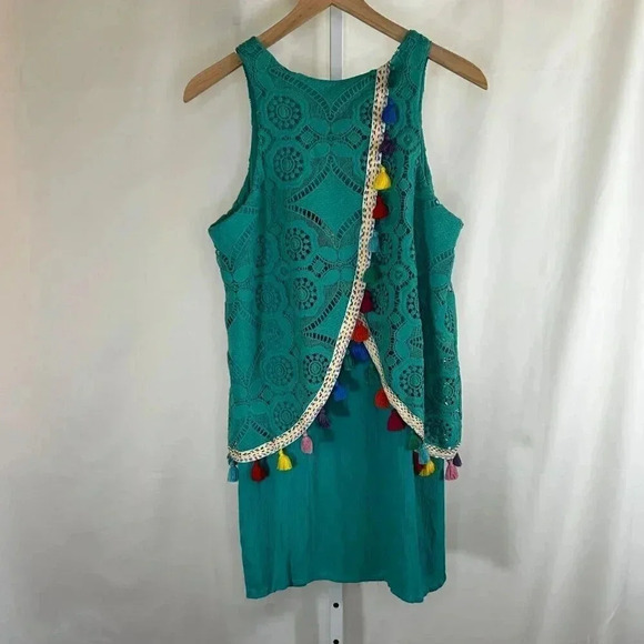 Judith March Size Large Tassel Dress Knee Length Lace Teal Sleeveless Party Boho - Picture 2 of 12